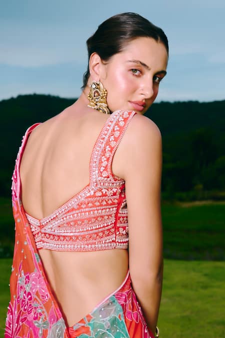 Charu And Vasundhara_Orange Organza, Silk, Taffeta Embroidery Round Point Kali Pre-draped Saree Set _Online_at_Aza_Fashions