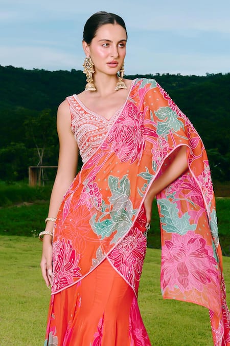 Buy_Charu And Vasundhara_Orange Organza, Silk, Taffeta Embroidery Round Point Kali Pre-draped Saree Set _Online_at_Aza_Fashions