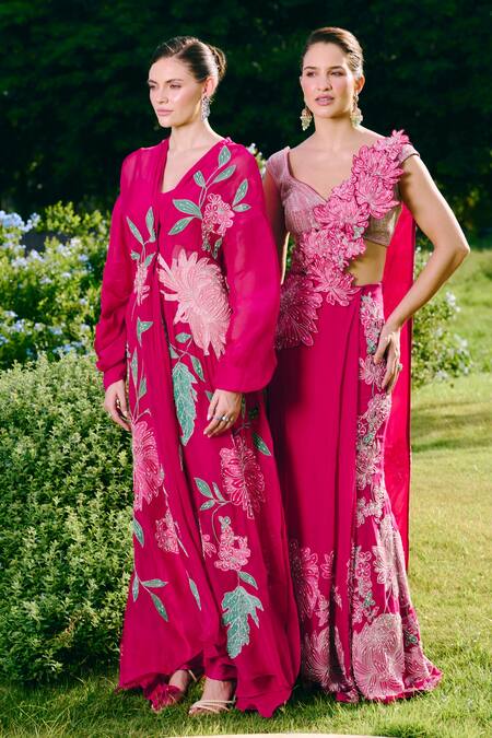 Charu And Vasundhara_Fuchsia Organza, Taffeta, Silk Fuschia Appliqued Pre Drape Saree And Blouse Set _Online_at_Aza_Fashions