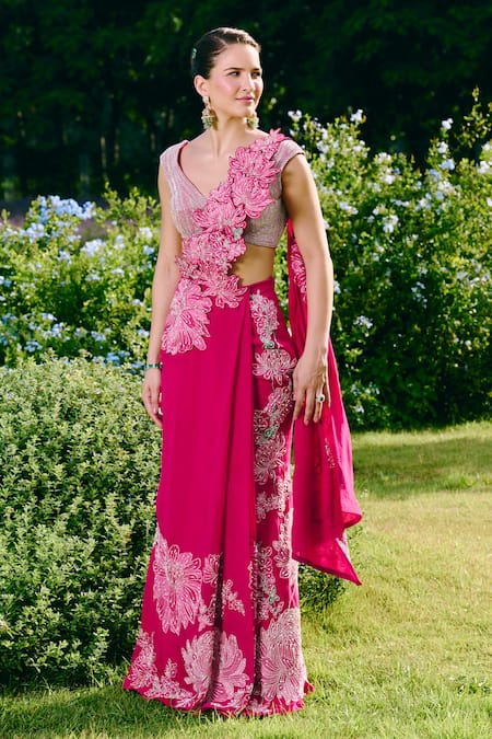 Buy_Charu And Vasundhara_Fuchsia Organza, Taffeta, Silk Fuschia Appliqued Pre Drape Saree And Blouse Set _Online_at_Aza_Fashions