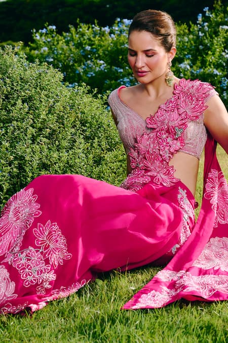 Shop_Charu And Vasundhara_Fuchsia Organza, Taffeta, Silk Fuschia Appliqued Pre Drape Saree And Blouse Set _Online_at_Aza_Fashions
