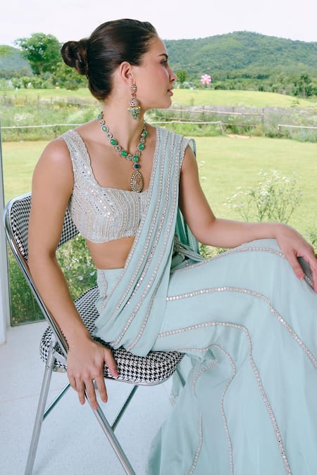 Charu And Vasundhara_Aqua Organza, Georgette, Taffeta, Silk Mirrors Round Neck Work Fishcut Saree Set _Online_at_Aza_Fashions