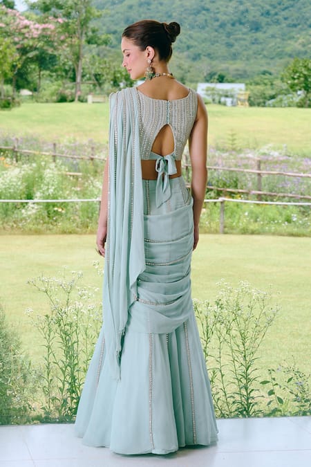 Charu And Vasundhara Mirror Work Fishcut Saree Set 