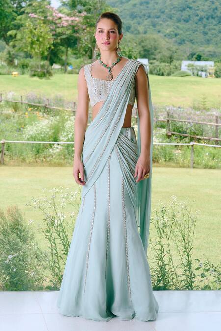 Shop_Charu And Vasundhara_Aqua Organza, Georgette, Taffeta, Silk Mirrors Round Neck Work Fishcut Saree Set _Online_at_Aza_Fashions