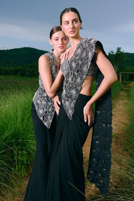 Charu And Vasundhara Black Georgette, Silk, Taffeta Cut Work Pre-draped Saree And Blouse Set Online at Aza Fashions Charu And Vasundhara_Black Georgette, Silk, Taffeta Cut Work Pre-draped Saree And Blouse Set _Online_at_Aza_Fashions