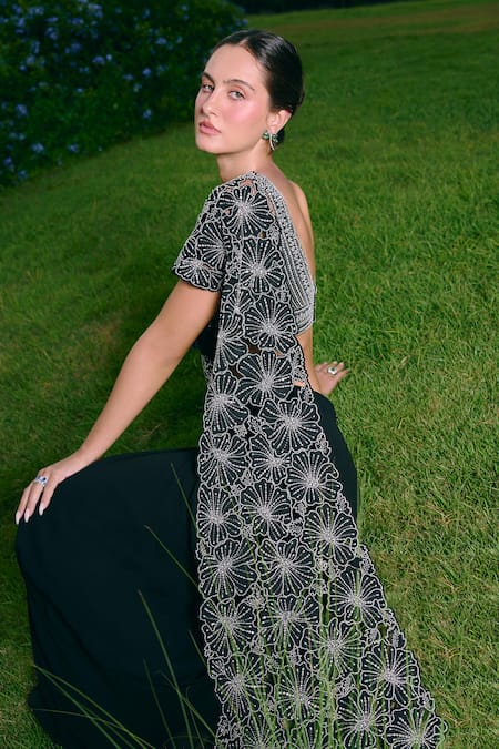 Shop Charu And Vasundhara Black Georgette, Silk, Taffeta Cut Work Pre-draped Saree And Blouse Set Online at Aza Fashions Shop_Charu And Vasundhara_Black Georgette, Silk, Taffeta Cut Work Pre-draped Saree And Blouse Set _Online_at_Aza_Fashions