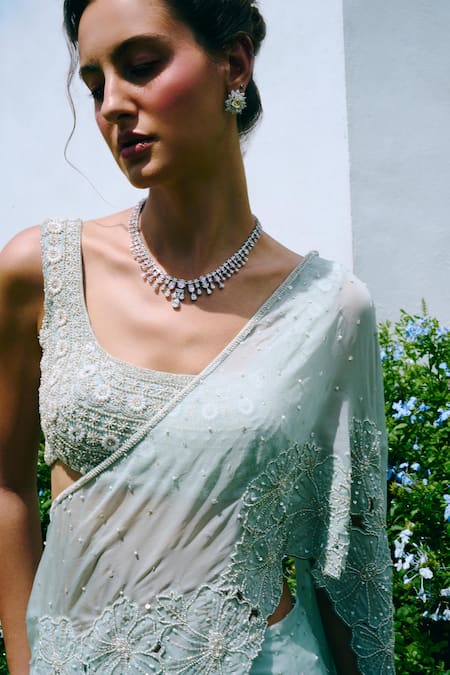 Charu And Vasundhara_Aqua Chiffon, Organza, Blue Cut Work Embroidered Lehenga Saree And Blouse Set _Online_at_Aza_Fashions