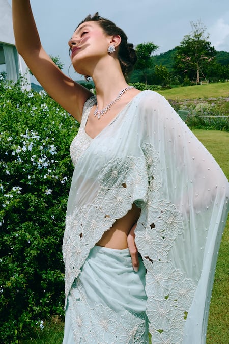Buy_Charu And Vasundhara_Aqua Chiffon, Organza, Blue Cut Work Embroidered Lehenga Saree And Blouse Set _Online_at_Aza_Fashions