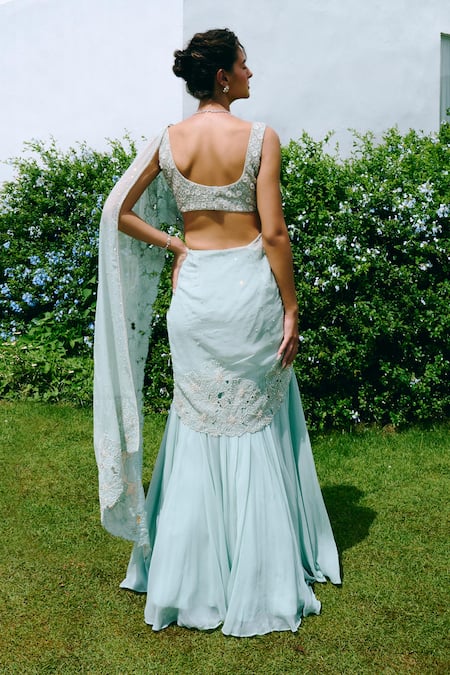 Charu And Vasundhara Aqua Blue Cut Work Embroidered Lehenga Saree & Blouse Set 