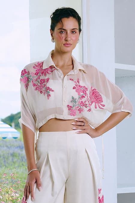 Charu And Vasundhara Ivory Silk, Organza, Taffeta Embroidery Collared, Round Neck Applique Pant Set Online at Aza Fashions Charu And Vasundhara_Ivory Silk, Organza, Taffeta Embroidery Collared, Round Neck Applique Pant Set _Online_at_Aza_Fashions