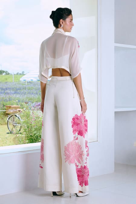 Charu And Vasundhara Ivory Appliqué Embroidered Pant Set 