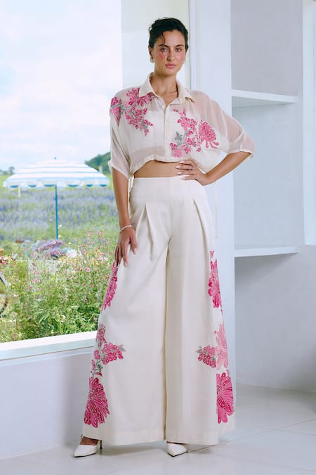 Charu And Vasundhara Ivory Appliqué Embroidered Pant Set 