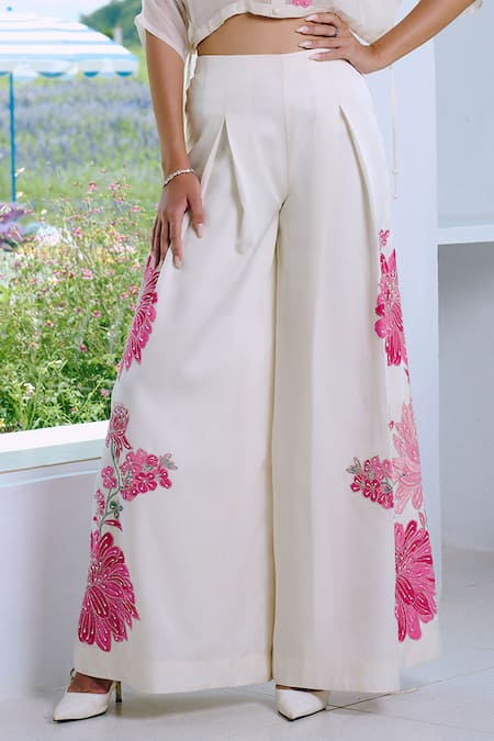 Buy Charu And Vasundhara Ivory Silk, Organza, Taffeta Embroidery Collared, Round Neck Applique Pant Set Online at Aza Fashions Buy_Charu And Vasundhara_Ivory Silk, Organza, Taffeta Embroidery Collared, Round Neck Applique Pant Set _Online_at_Aza_Fashions