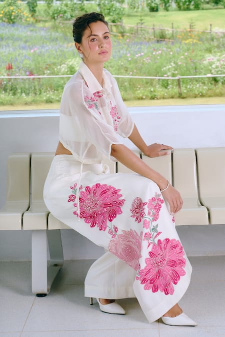 Shop Charu And Vasundhara Ivory Silk, Organza, Taffeta Embroidery Collared, Round Neck Applique Pant Set Online at Aza Fashions Shop_Charu And Vasundhara_Ivory Silk, Organza, Taffeta Embroidery Collared, Round Neck Applique Pant Set _Online_at_Aza_Fashions