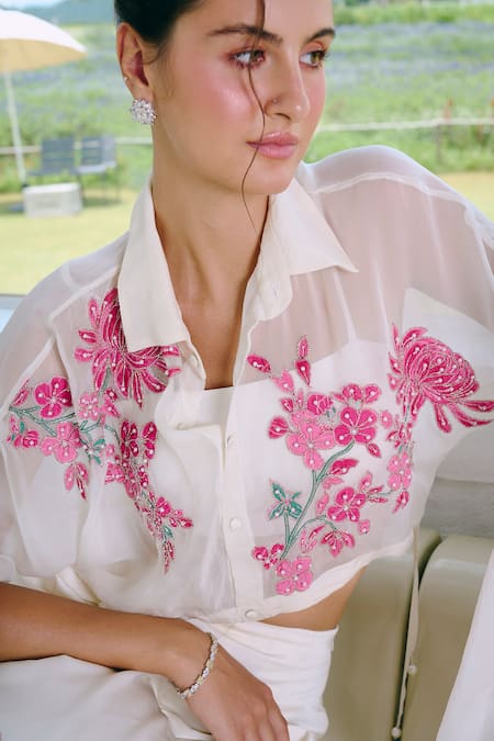 Charu And Vasundhara Ivory Silk, Organza, Taffeta Embroidery Collared, Round Neck Applique Pant Set at Aza Fashions Charu And Vasundhara_Ivory Silk, Organza, Taffeta Embroidery Collared, Round Neck Applique Pant Set _at_Aza_Fashions