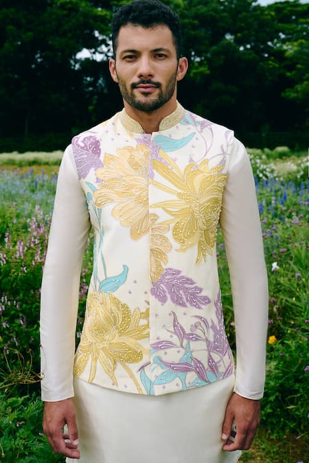 Charu And Vasundhara_Ivory Tussar, Silk, Poplin Embroidery Nehru Jacket Set _Online_at_Aza_Fashions