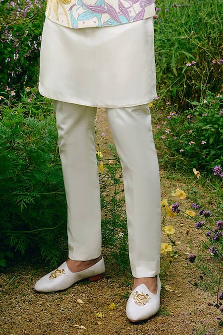 Buy_Charu And Vasundhara_Ivory Tussar, Silk, Poplin Embroidery Nehru Jacket Set _Online_at_Aza_Fashions