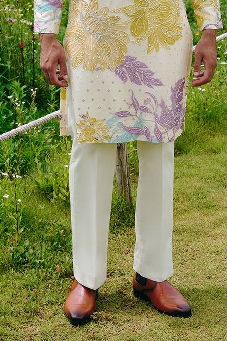 Charu And Vasundhara_Ivory Poplin, Silk Embroidery Floral Kurta And Pant Set _Online_at_Aza_Fashions