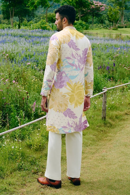 Shop_Charu And Vasundhara_Ivory Poplin, Silk Embroidery Floral Kurta And Pant Set _at_Aza_Fashions