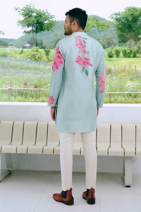 Shop_Charu And Vasundhara_Aqua Silk Sequins, Applique Blue Kurta And Pant Set _at_Aza_Fashions