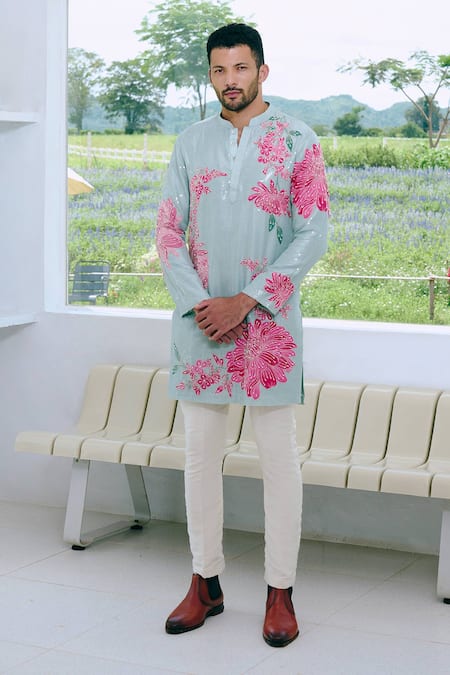 Charu And Vasundhara Aqua Blue Sequined Kurta & Pant Set 