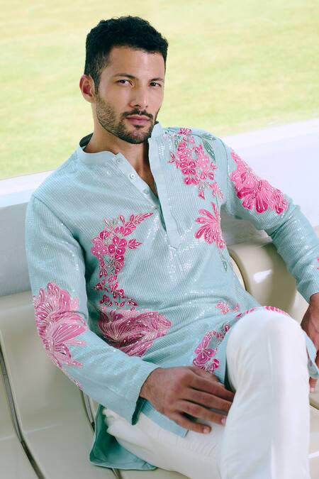 Charu And Vasundhara_Aqua Silk Sequins, Applique Blue Kurta And Pant Set _Online_at_Aza_Fashions