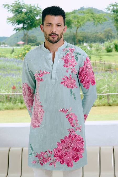 Buy_Charu And Vasundhara_Aqua Silk Sequins, Applique Blue Kurta And Pant Set _Online_at_Aza_Fashions