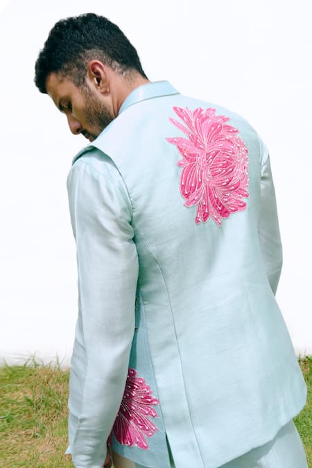 Charu And Vasundhara_Aqua Silk Sequins, Applique Blue Nehru Jacket Set _Online_at_Aza_Fashions