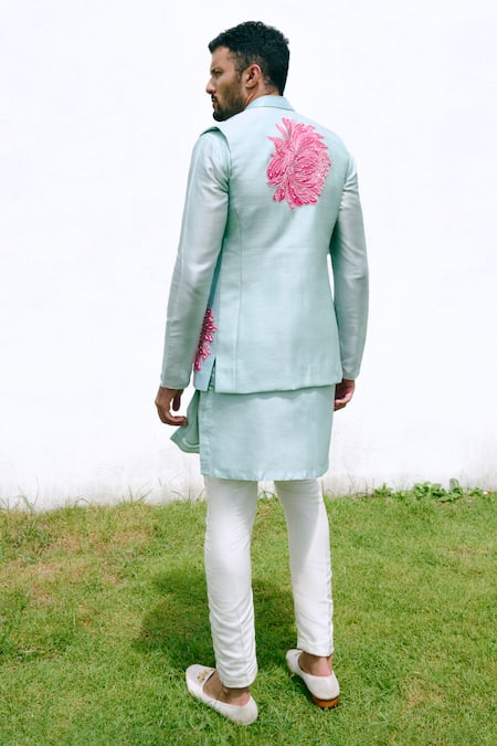 Shop_Charu And Vasundhara_Aqua Silk Sequins, Applique Blue Nehru Jacket Set _at_Aza_Fashions