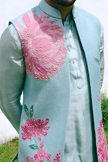 Buy_Charu And Vasundhara_Aqua Silk Sequins, Applique Blue Nehru Jacket Set _Online_at_Aza_Fashions