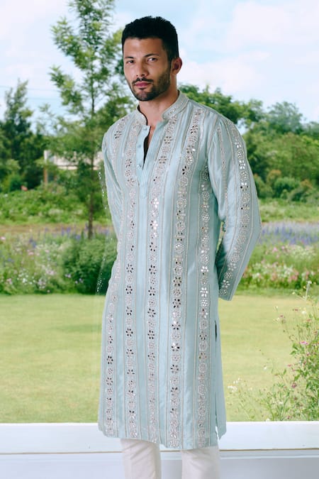 Charu And Vasundhara_Aqua Silk Mirrors, Embroidery Blue Work Kurta Set _Online_at_Aza_Fashions