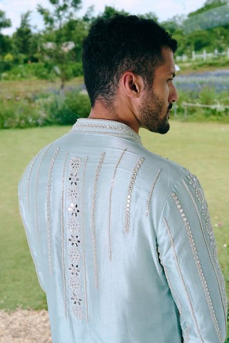 Buy_Charu And Vasundhara_Aqua Silk Mirrors, Embroidery Blue Work Kurta Set _Online_at_Aza_Fashions