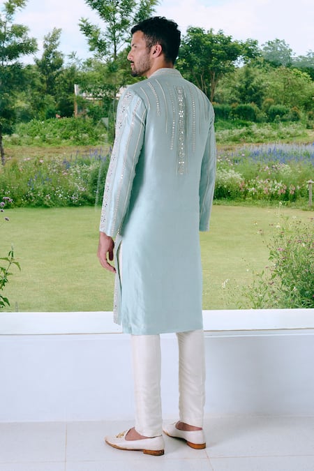 Shop_Charu And Vasundhara_Aqua Silk Mirrors, Embroidery Blue Work Kurta Set _at_Aza_Fashions
