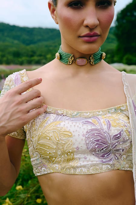 Charu And Vasundhara_Ivory Organza, Taffeta, Net Beads, Sequins, Embroidery Round Floral Lehenga Set _Online_at_Aza_Fashions