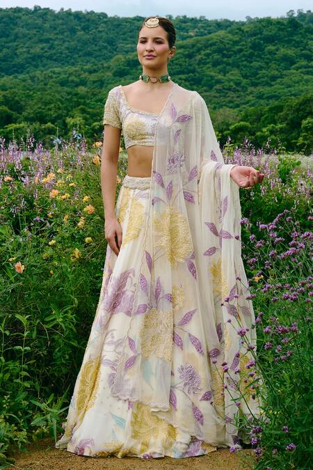 Shop_Charu And Vasundhara_Ivory Organza, Taffeta, Net Beads, Sequins, Embroidery Round Floral Lehenga Set _Online_at_Aza_Fashions