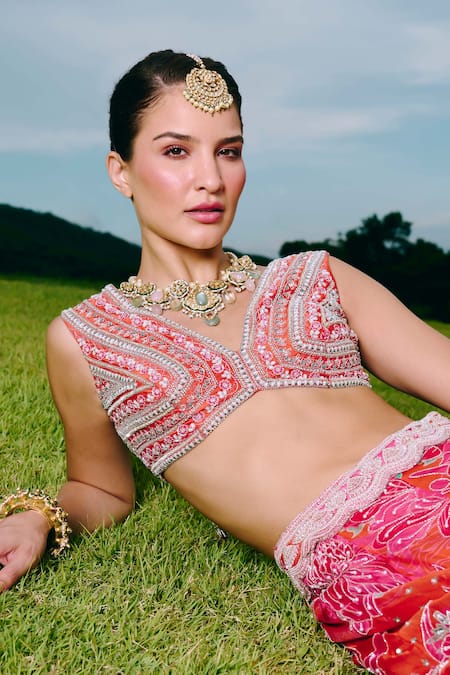 Charu And Vasundhara_Orange Organza, Silk, Taffeta Embroidery, Beads V-neck Floral Lehenga Set _Online_at_Aza_Fashions