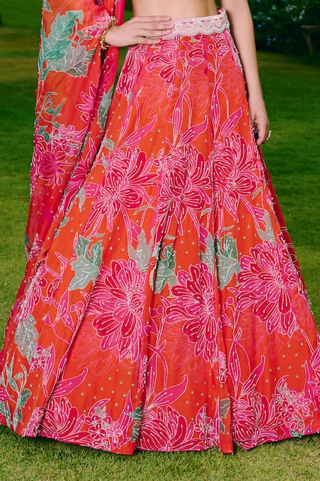 Buy_Charu And Vasundhara_Orange Organza, Silk, Taffeta Embroidery, Beads V-neck Floral Lehenga Set _Online_at_Aza_Fashions