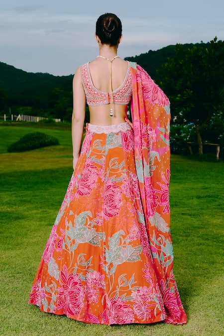 Shop_Charu And Vasundhara_Orange Organza, Silk, Taffeta Embroidery, Beads V-neck Floral Lehenga Set _Online_at_Aza_Fashions