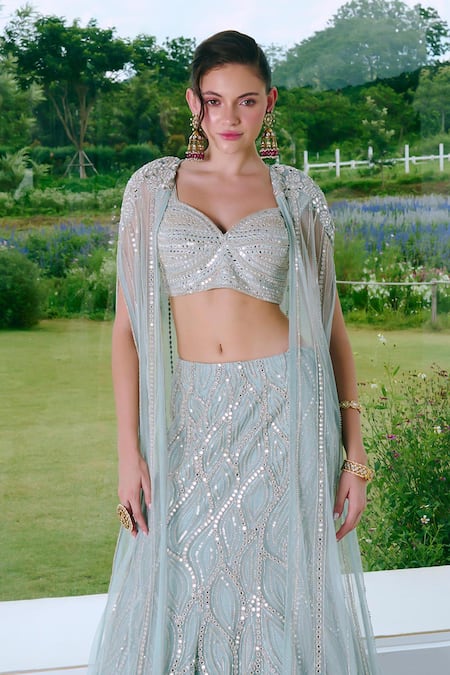 Charu And Vasundhara Aqua Net, Silk, Taffeta Mirrors, Embroidery Round Neck Blue Work Lehenga Set Online at Aza Fashions Charu And Vasundhara_Aqua Net, Silk, Taffeta Mirrors, Embroidery Round Neck Blue Work Lehenga Set _Online_at_Aza_Fashions
