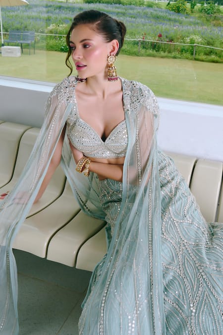 Buy Charu And Vasundhara Aqua Net, Silk, Taffeta Mirrors, Embroidery Round Neck Blue Work Lehenga Set Online at Aza Fashions Buy_Charu And Vasundhara_Aqua Net, Silk, Taffeta Mirrors, Embroidery Round Neck Blue Work Lehenga Set _Online_at_Aza_Fashions