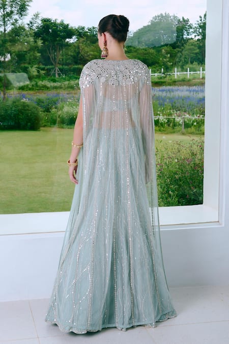 Charu And Vasundhara Aqua Blue Mirror Work Lehenga Set 