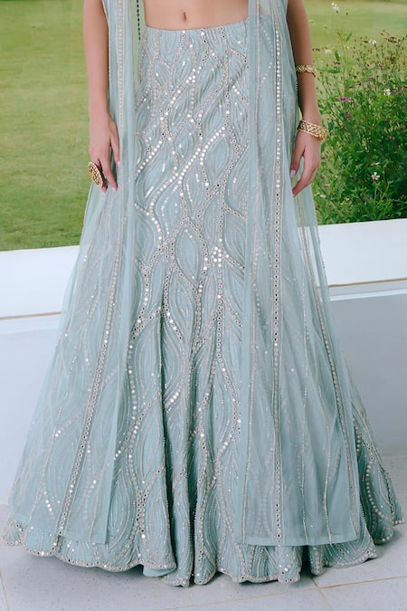 Shop Charu And Vasundhara Aqua Net, Silk, Taffeta Mirrors, Embroidery Round Neck Blue Work Lehenga Set Online at Aza Fashions Shop_Charu And Vasundhara_Aqua Net, Silk, Taffeta Mirrors, Embroidery Round Neck Blue Work Lehenga Set _Online_at_Aza_Fashions