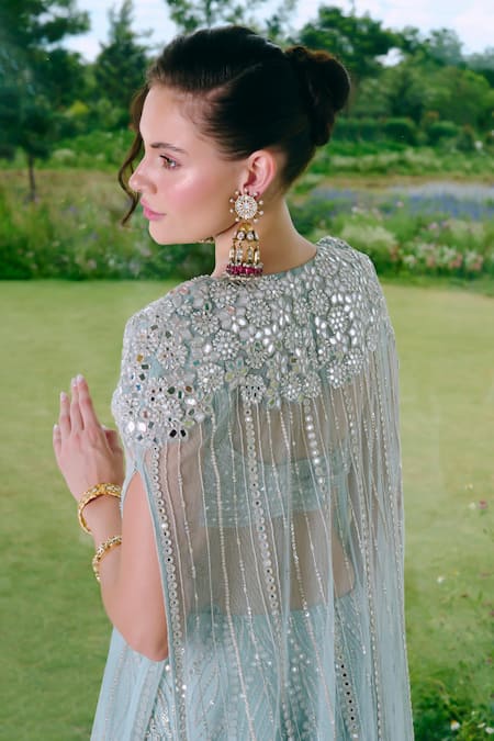 Charu And Vasundhara Aqua Net, Silk, Taffeta Mirrors, Embroidery Round Neck Blue Work Lehenga Set at Aza Fashions Charu And Vasundhara_Aqua Net, Silk, Taffeta Mirrors, Embroidery Round Neck Blue Work Lehenga Set _at_Aza_Fashions