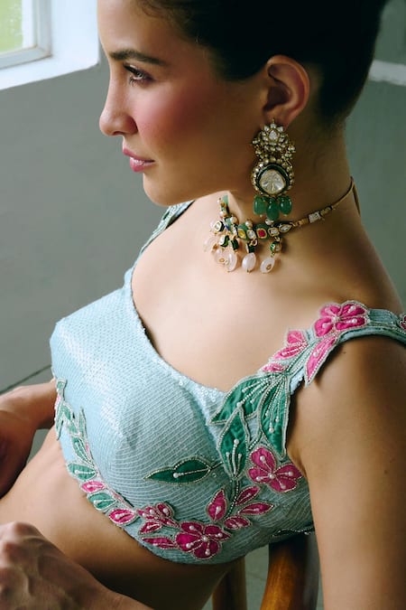 Charu And Vasundhara_Aqua Tissue, Silk, Taffeta, Net Embroidery, Applique Round Blue Lehenga Set _Online_at_Aza_Fashions