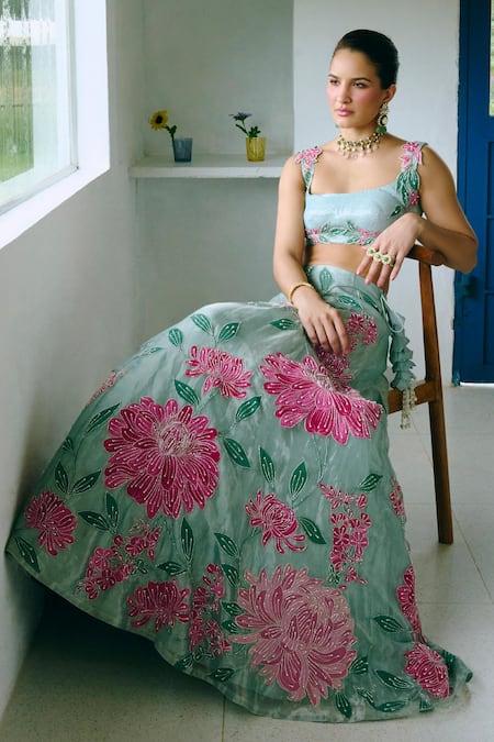 Buy_Charu And Vasundhara_Aqua Tissue, Silk, Taffeta, Net Embroidery, Applique Round Blue Lehenga Set _Online_at_Aza_Fashions