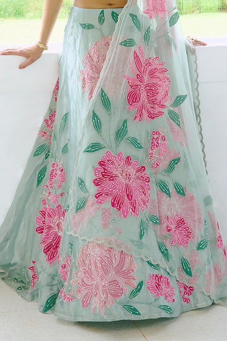 Shop_Charu And Vasundhara_Aqua Tissue, Silk, Taffeta, Net Embroidery, Applique Round Blue Lehenga Set _Online_at_Aza_Fashions
