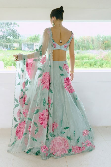 Charu And Vasundhara Aqua Blue Applique Embroidered Lehenga Set 