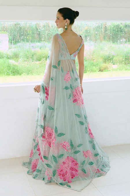 Charu And Vasundhara_Aqua Tissue, Silk, Taffeta, Net Embroidery, Applique Round Blue Lehenga Set _at_Aza_Fashions