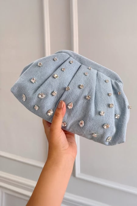 Boxwish By Bhumika Blue Rhinestones Denim Box Bag 
