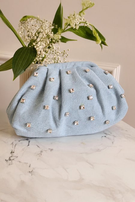 Boxwish By Bhumika Blue Rhinestones Denim Cloud Bag 